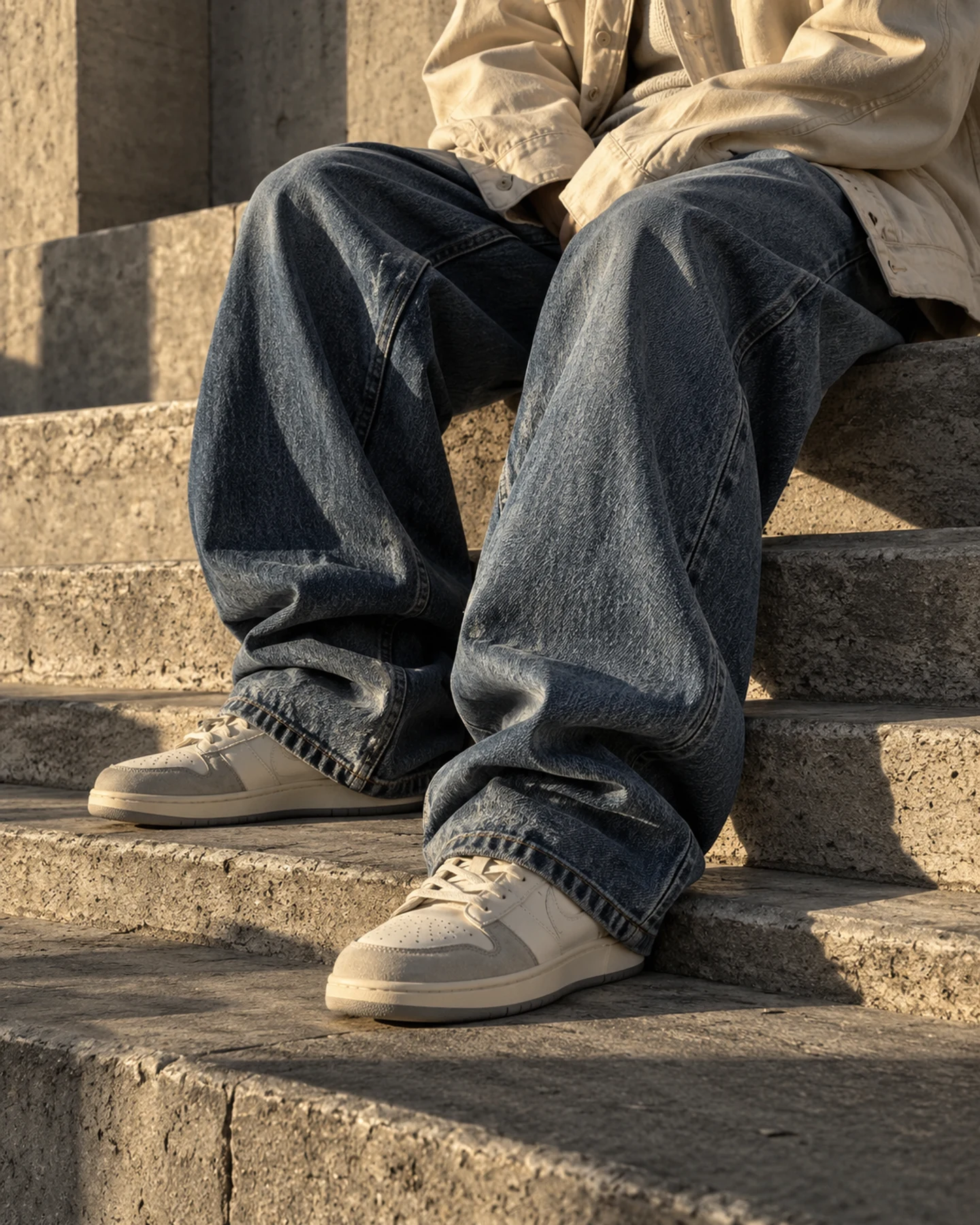 AI editorial scene: relaxed denim and ivory sneakers on concrete city steps